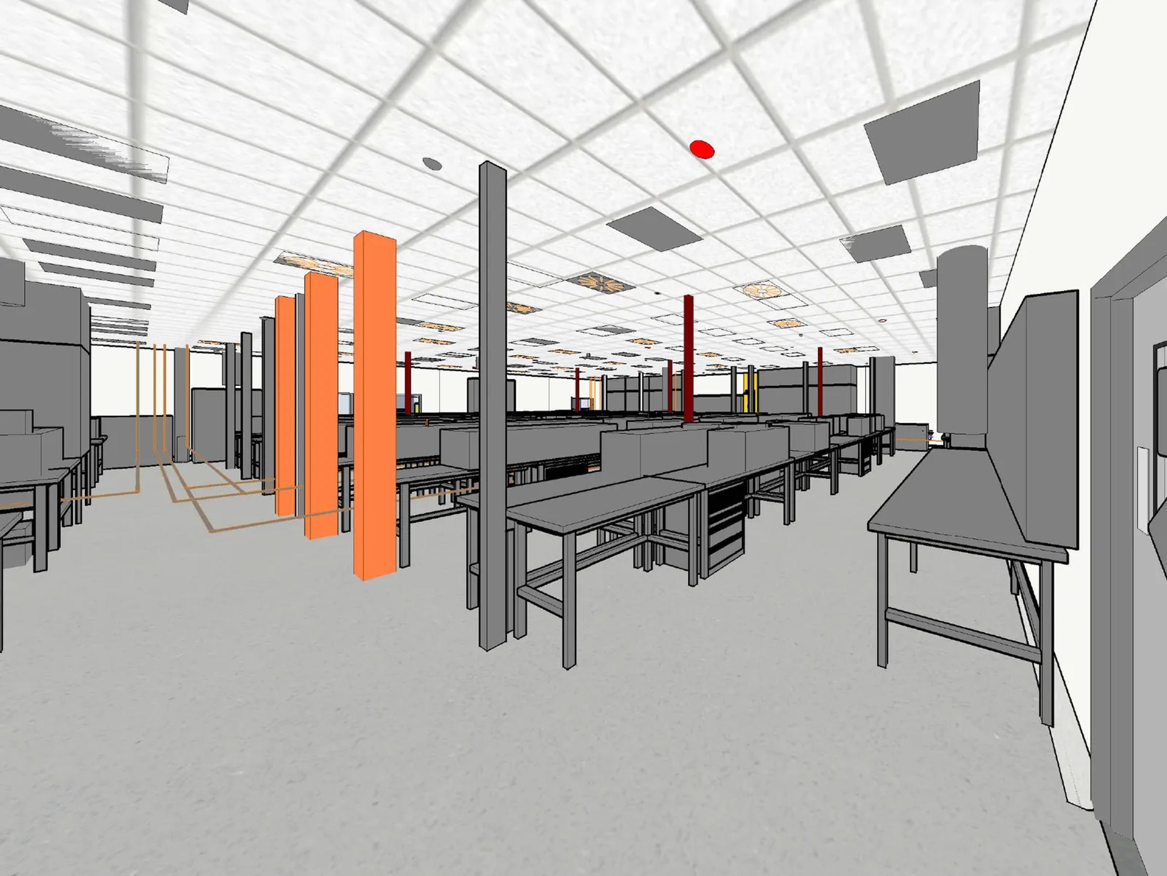 Main testing laboratory with benching and services reticulation, Intertek Sydney laboratory, indicative design render