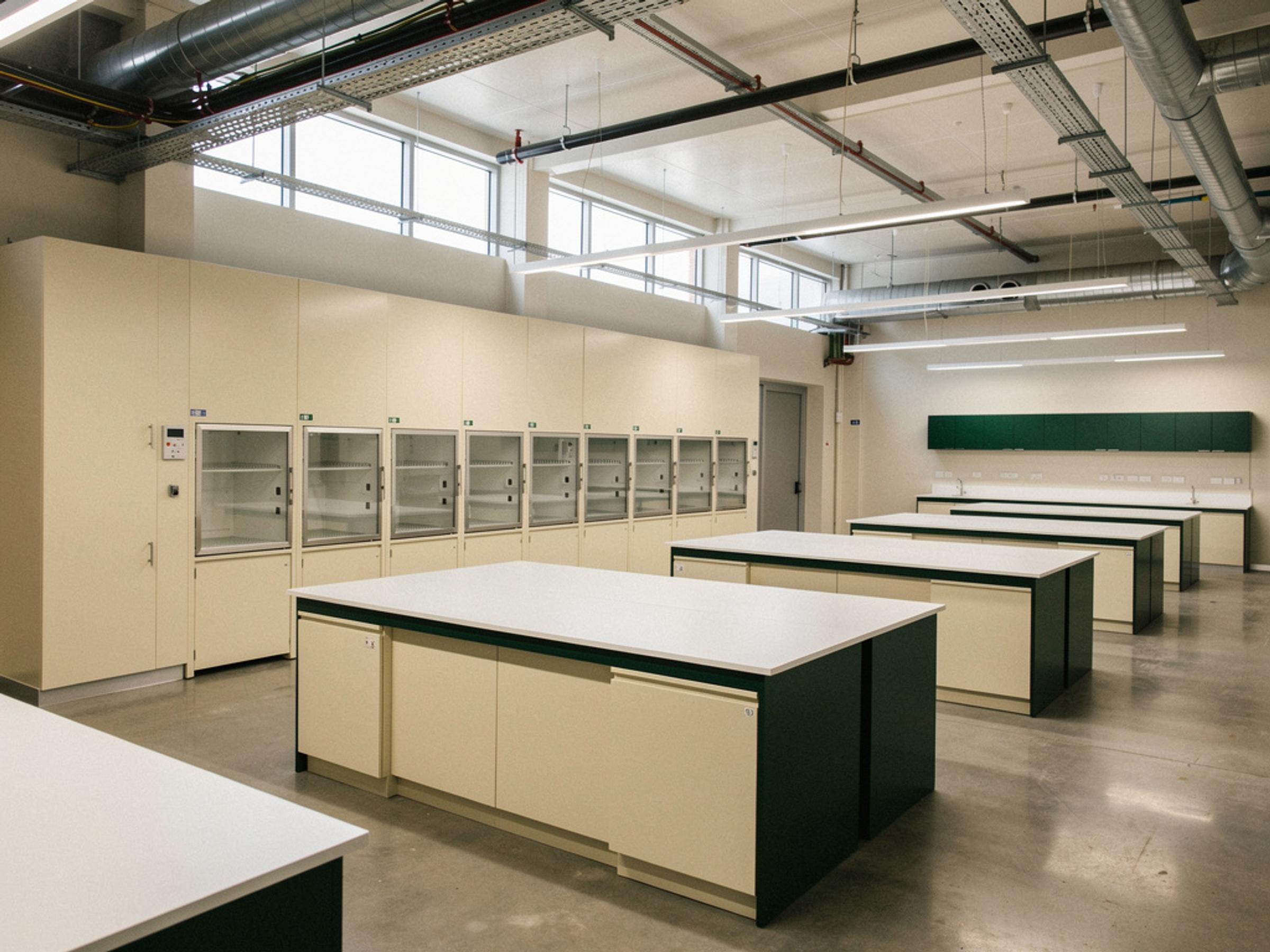 A completed testing laboratory with benches and fume cupboards, illustrative of the building type