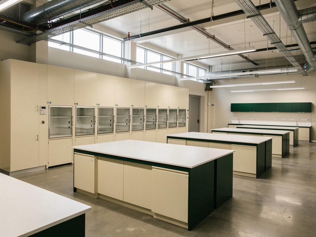 A completed testing laboratory with benches and fume cupboards, illustrative of the building type