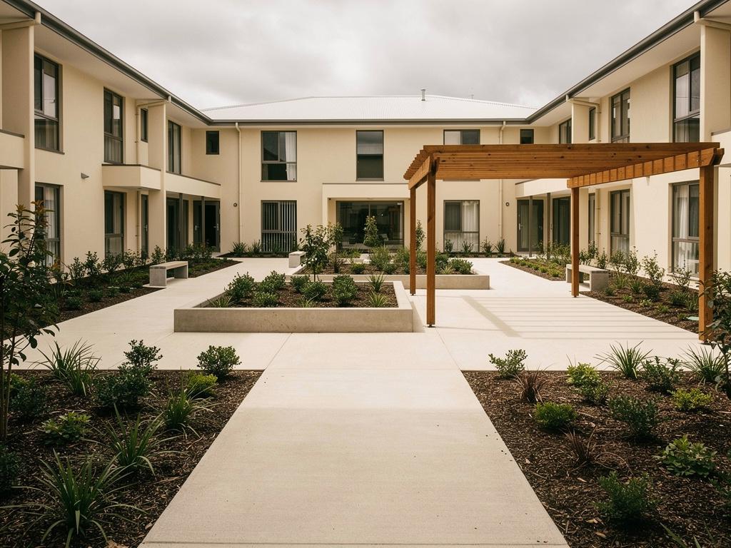 A completed aged care courtyard with level paths and a pergola, illustrative of the building type