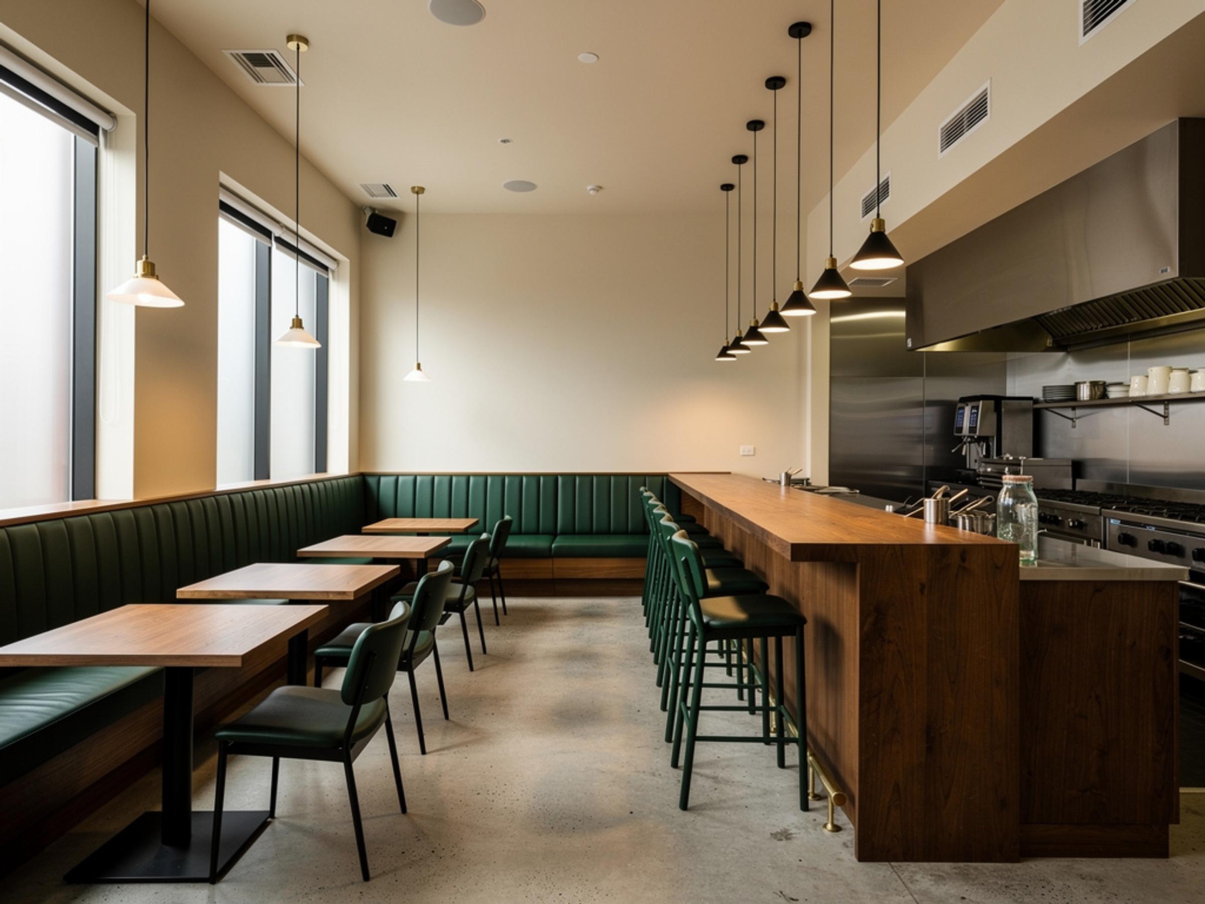 A completed restaurant interior with a bar counter and banquette seating, illustrative of the building type