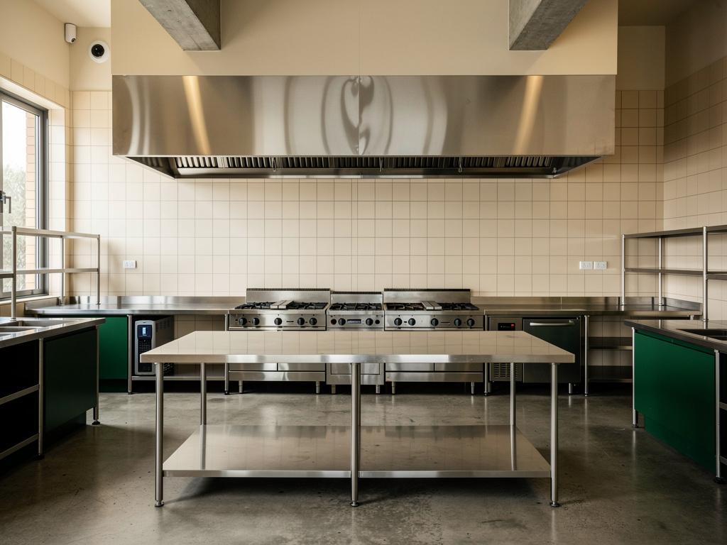 A completed commercial kitchen with stainless steel benches and an exhaust canopy, illustrative of the building type