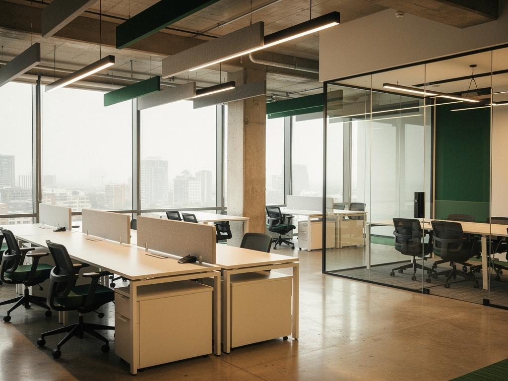 A completed open-plan office floor with a glazed meeting room, illustrative of the building type