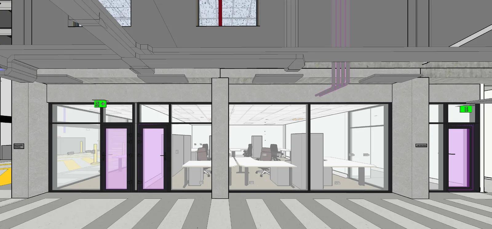 Ground floor office overlooking the laboratory, indicative design render