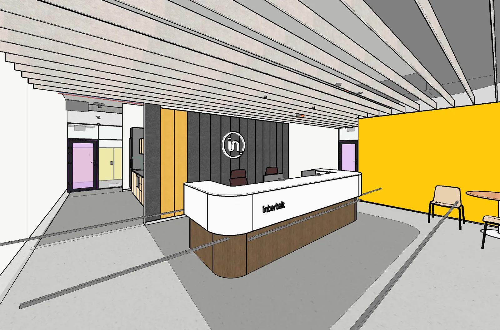 Intertek Sydney laboratory reception with feature joinery desk, indicative design render