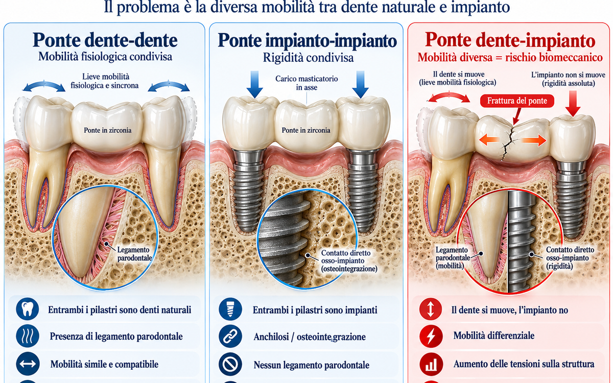Un impianto attaccato al dente naturale con un ponte? Ti spiego perché dente e impianto lavorano in modo diverso e perché spesso due impianti sono la scelta più sicura.