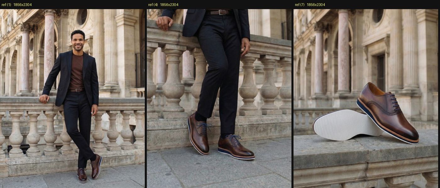 Références source pour un SKU : le look, le porté, le packshot.