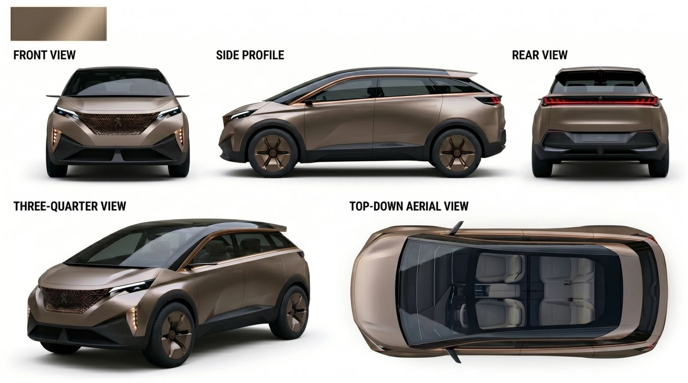 Fiche design du véhicule : cinq angles, pour que la voiture reste identique d’un plan à l’autre.