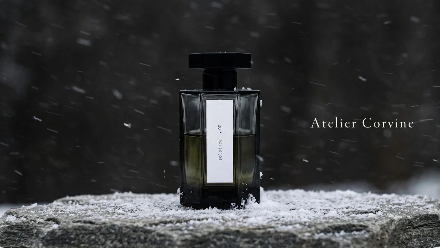Sur un rocher, sous la neige qui tombe.