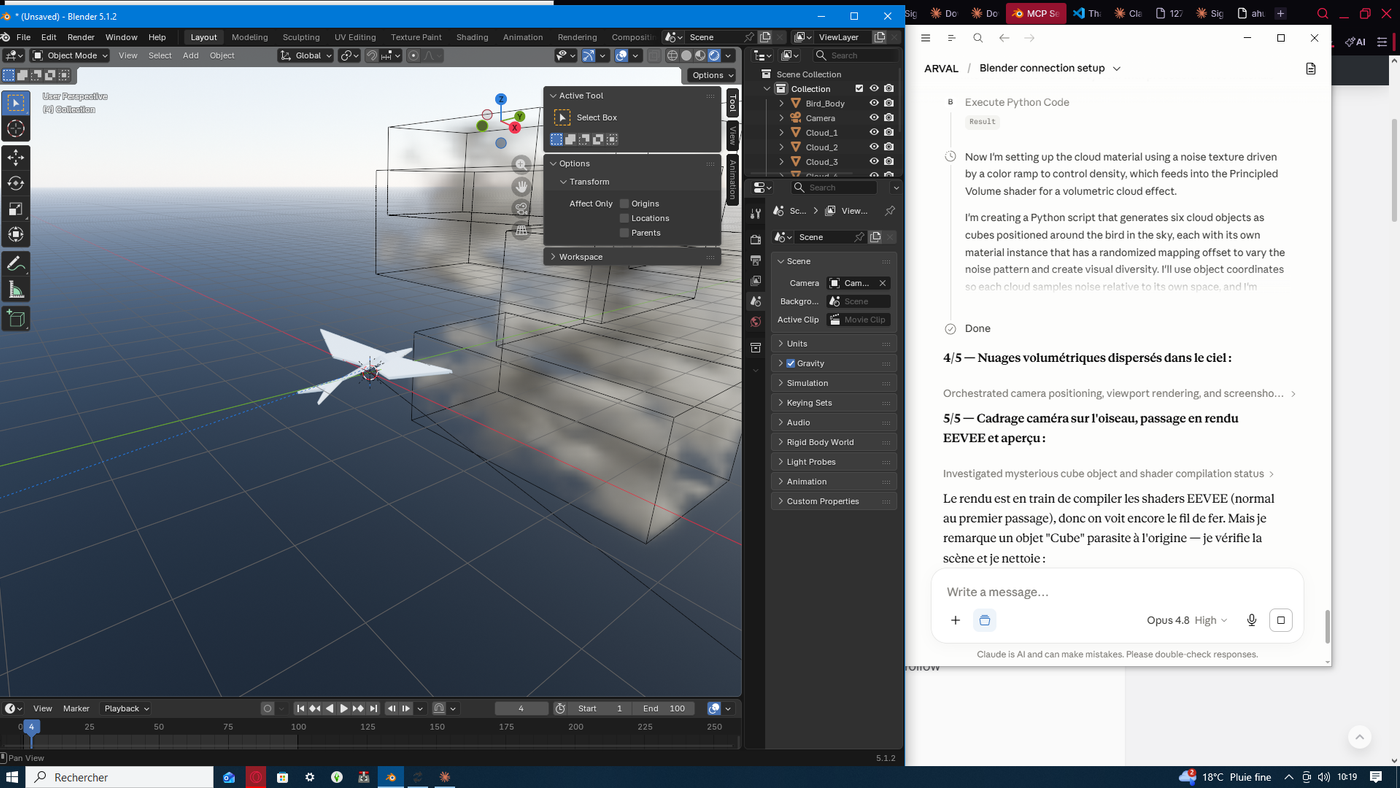 Construction de l'oiseau en 3D dans Blender, piloté par Claude via MCP.