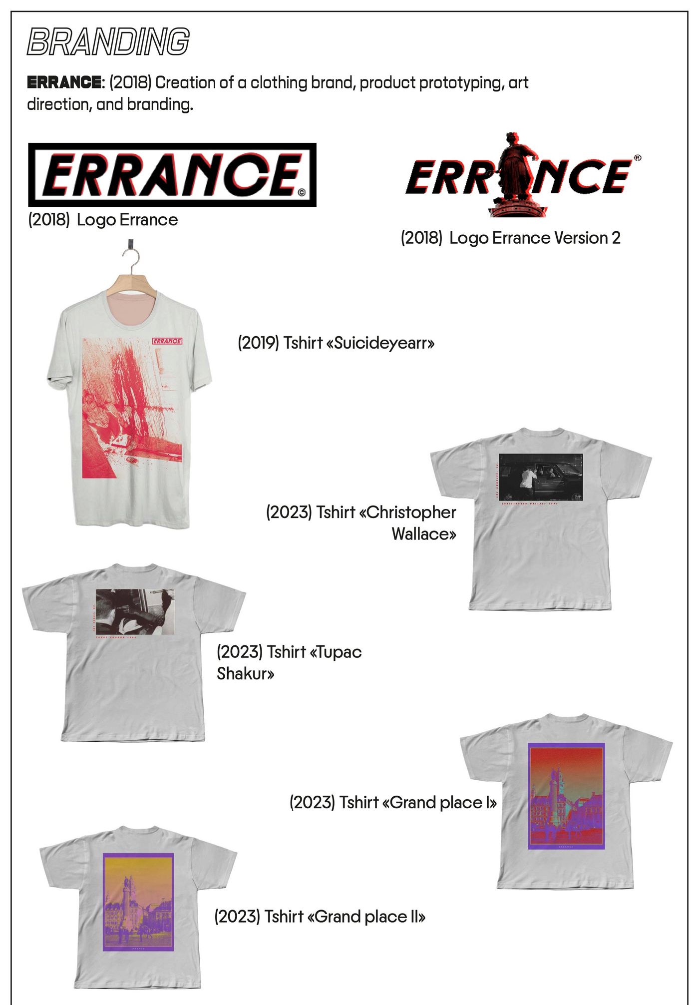 Logos (2018, version 2) et t-shirts Suicideyear (2019), Christopher Wallace, Tupac Shakur, Grand Place I et II (2023)