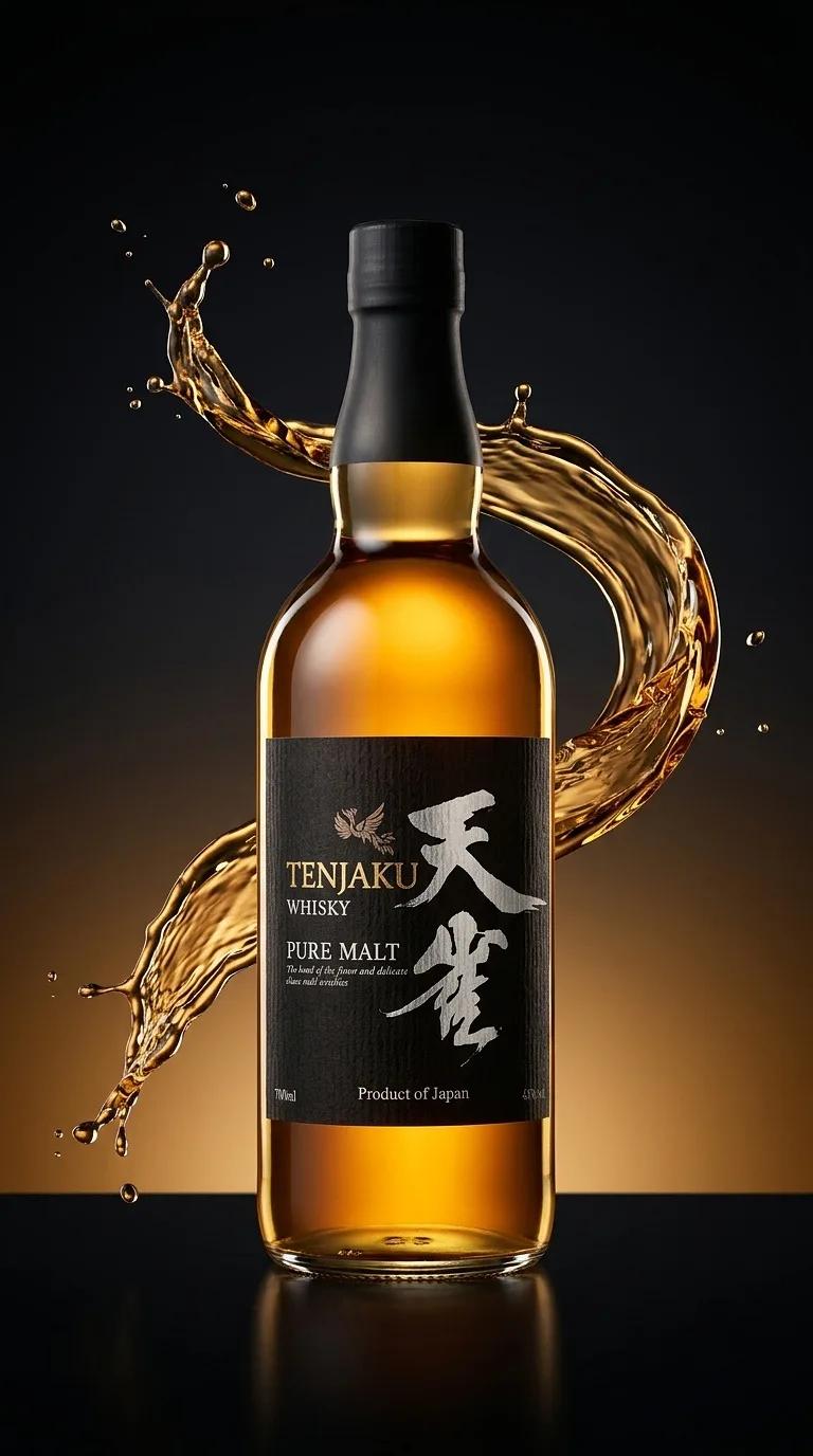 AI-generated advertising photo of a Tenjaku whisky bottle with a swirling splash of whisky around it