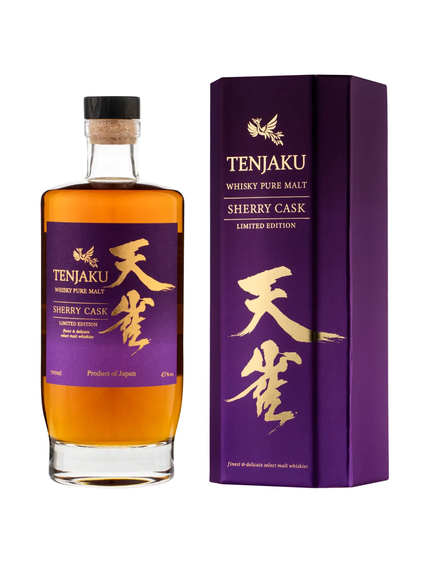 Original studio photo of a Tenjaku Sherry Cask whisky bottle and gift box on a plain background