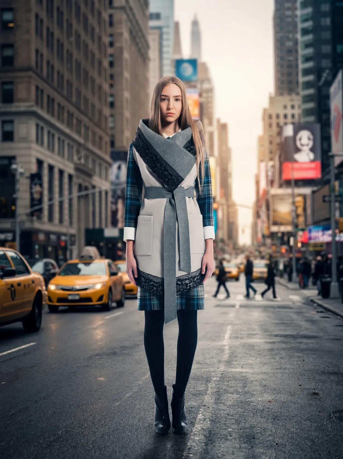 AI-generated fashion photo of a model in a designer coat and tartan skirt standing in a busy New York City street