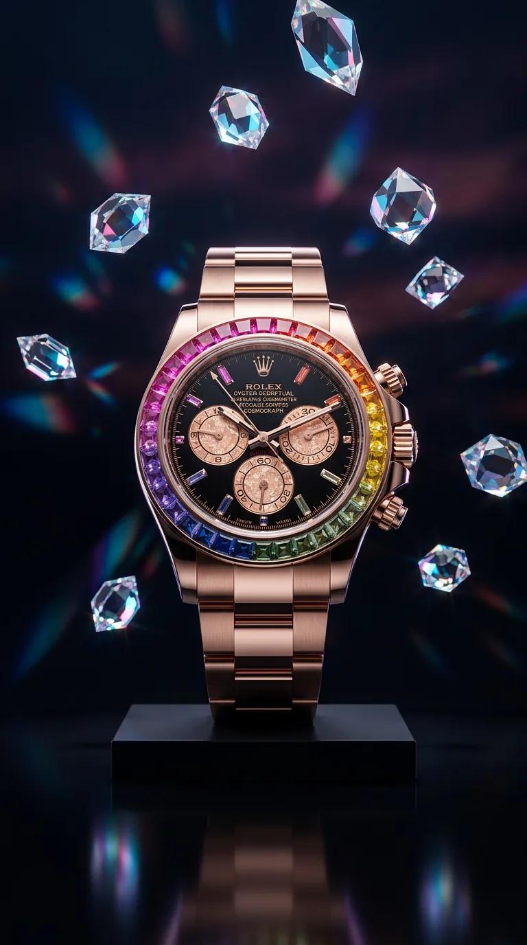 AI-generated advertising photo of a Rolex rainbow-bezel watch surrounded by floating gemstones on a dark background