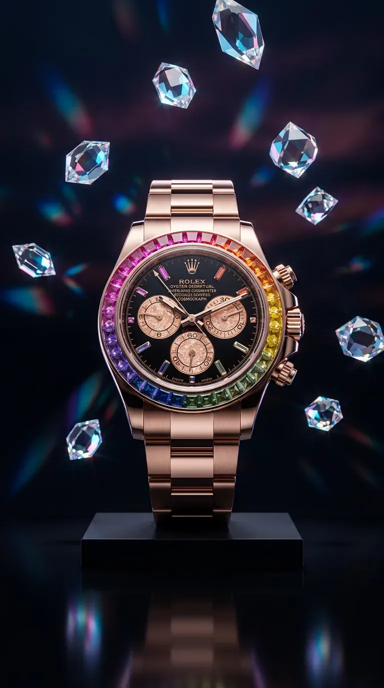 AI-generated advertising photo of a Rolex rainbow-bezel watch surrounded by floating gemstones on a dark background