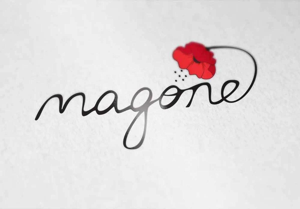 Magone logo in a handwritten script style with a poppy flower illustration