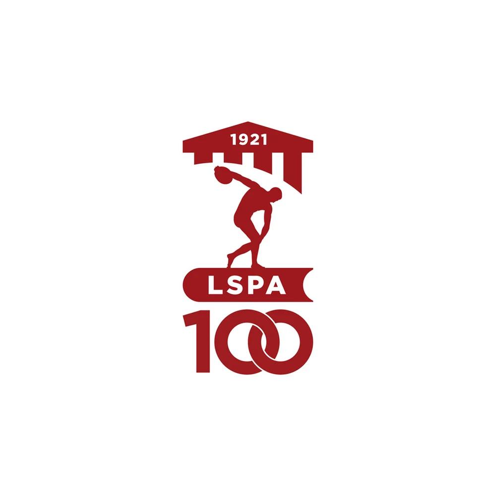 LSPA 100th anniversary logo with a discus thrower illustration