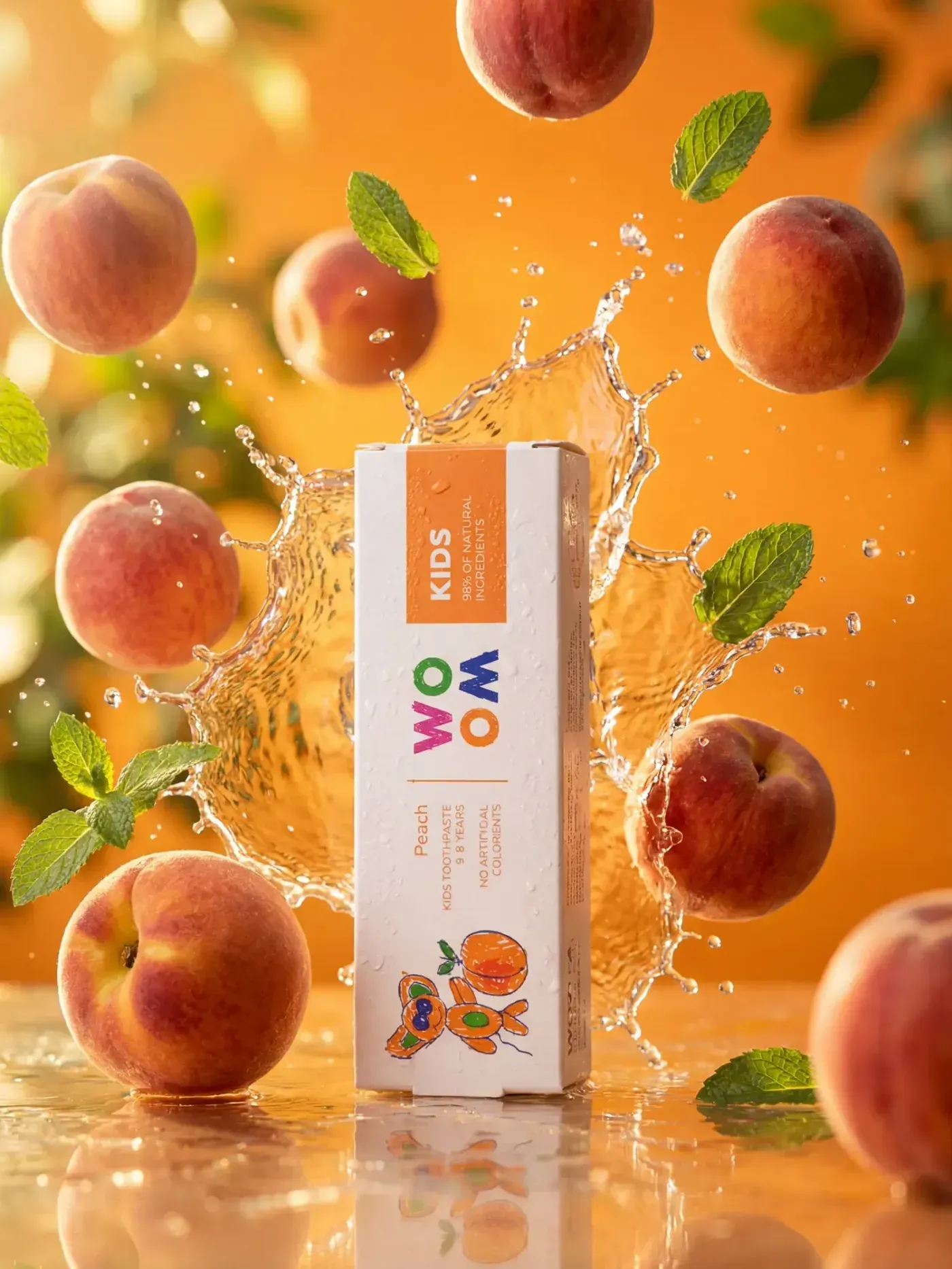 AI-generated advertising photo of the Woom Kids toothpaste box surrounded by splashing water and flying peaches