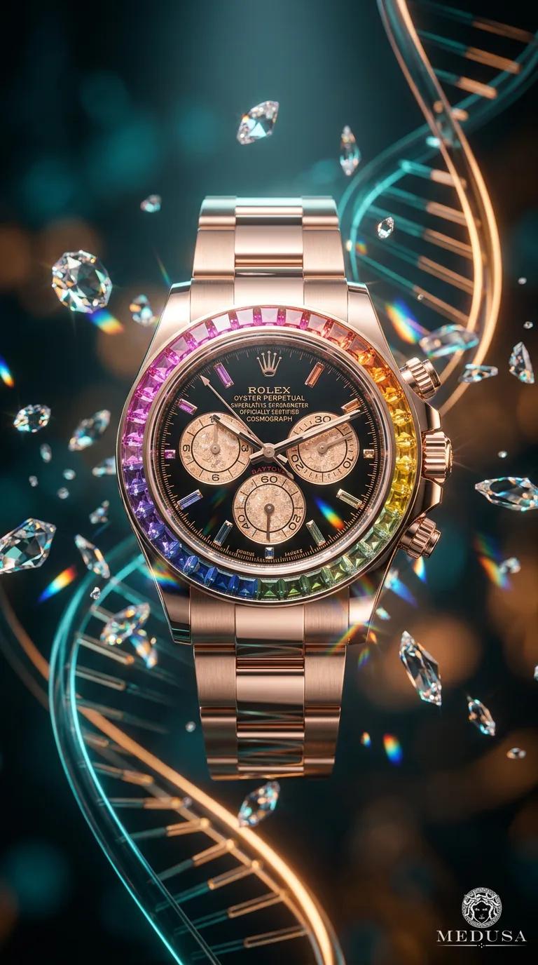 AI-generated advertising photo of a Rolex rainbow-bezel watch surrounded by floating gemstones and a glowing DNA helix