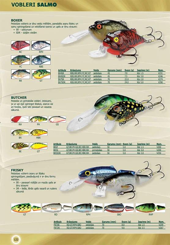 Salmo fishing lures catalog page showing product photography and specification tables