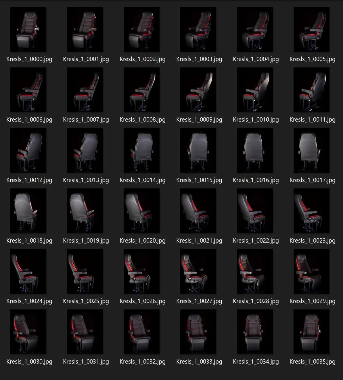 Contact sheet of 36 rotation frames of a cinema chair photographed for a 360-degree product view