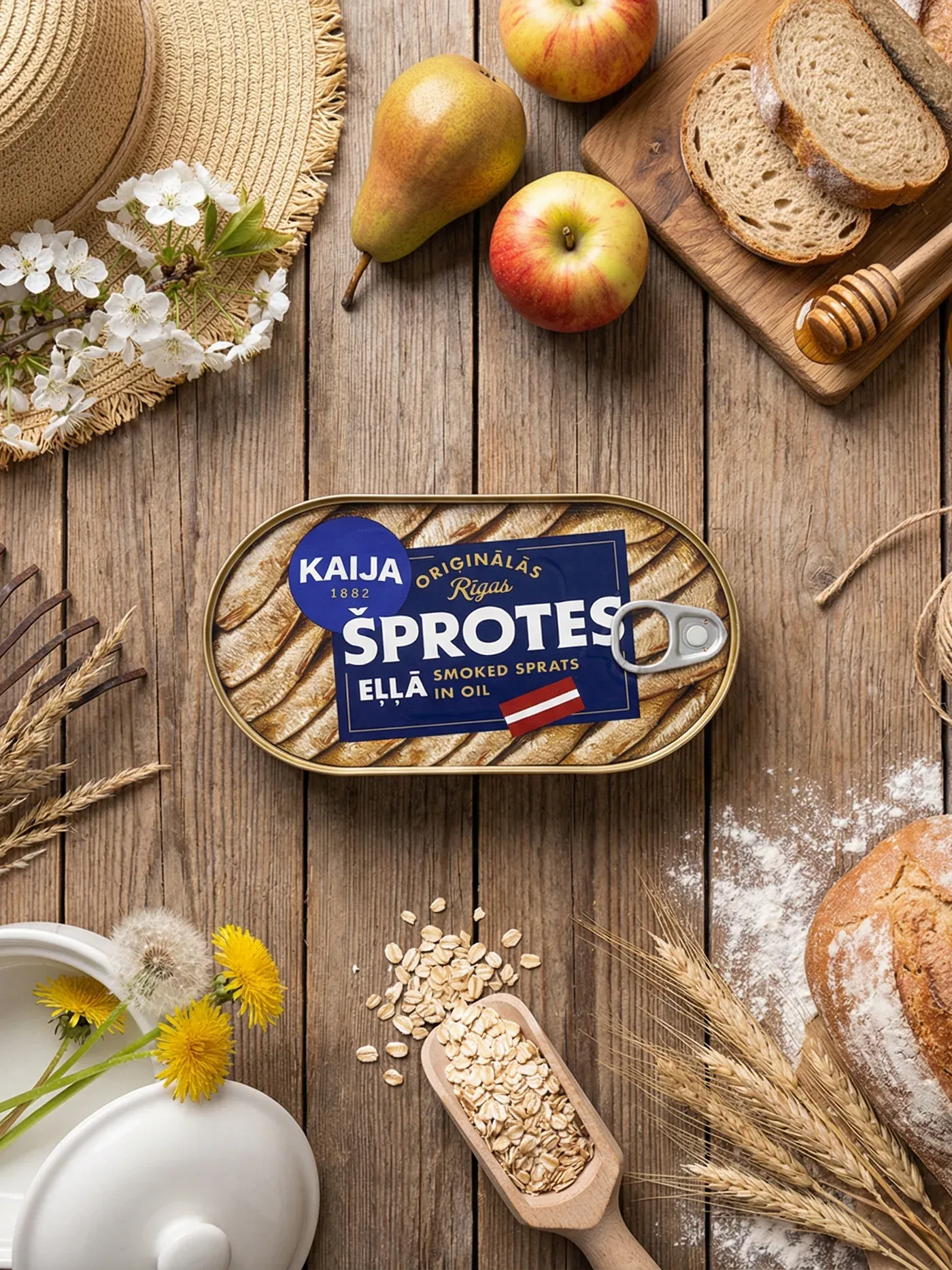 AI-generated lifestyle photo of the Kaija sprats tin on a wooden table with bread, fruit and flowers