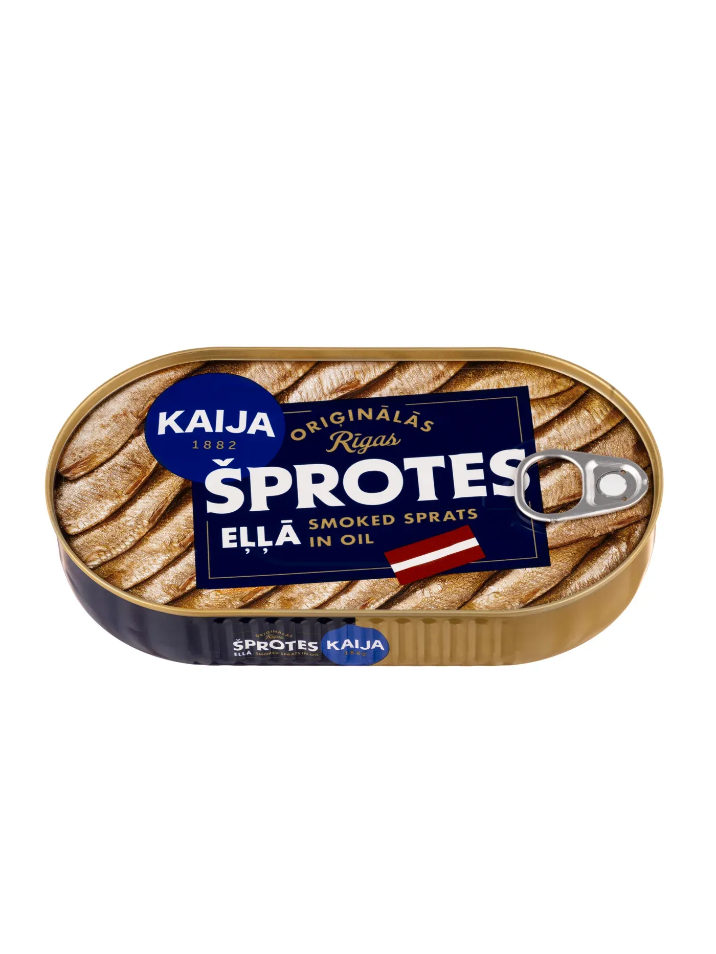 Original studio photo of a Kaija smoked sprats tin on a white background