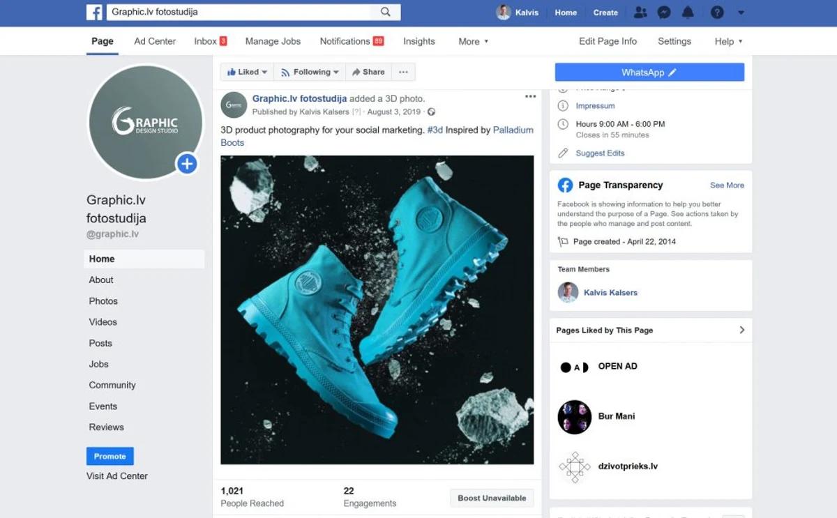 Facebook post showing a 3D product photo of turquoise Palladium boots created for social media marketing
