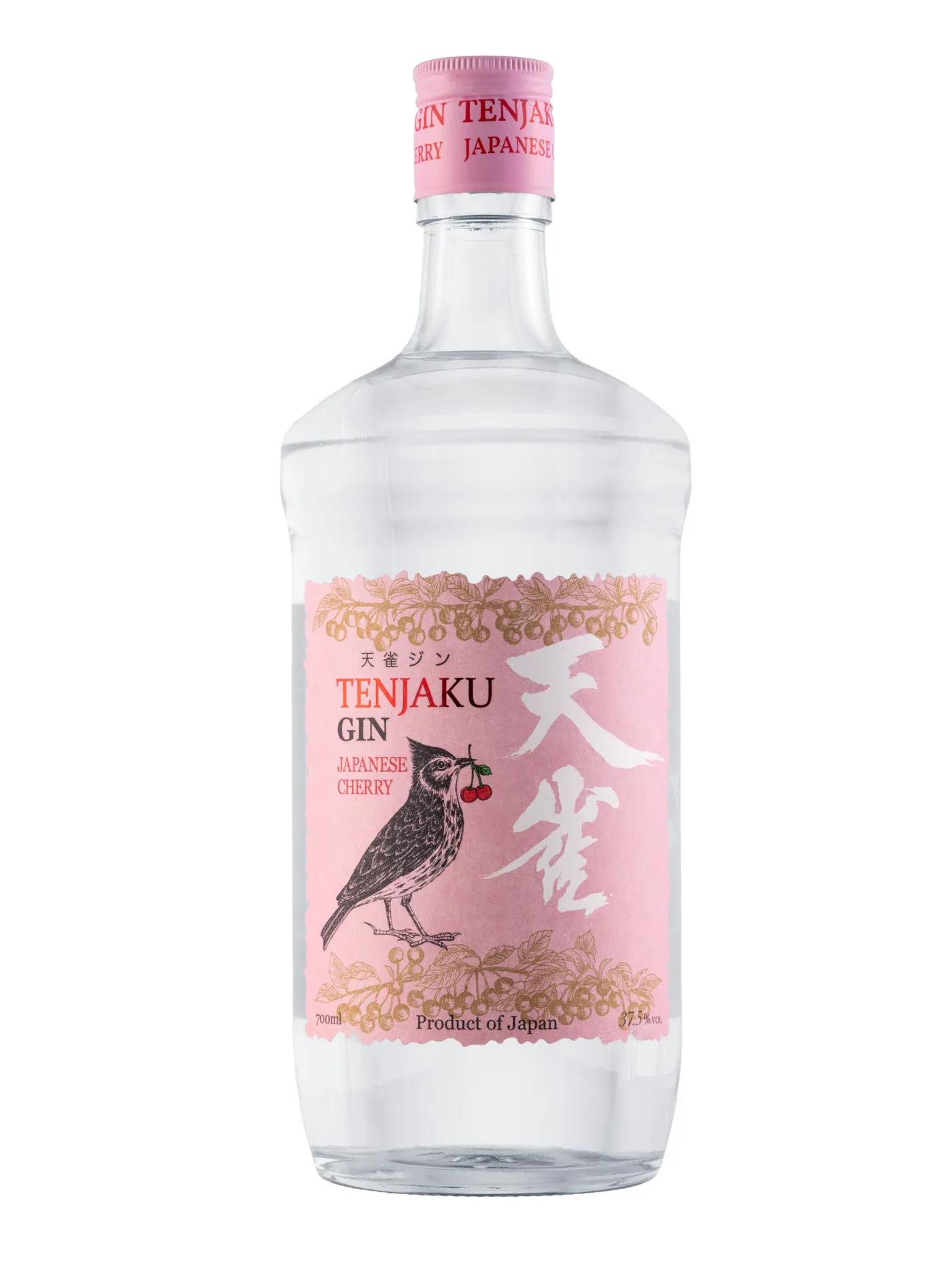 Original plain product photo of a Tenjaku Japanese Cherry gin bottle on a white background