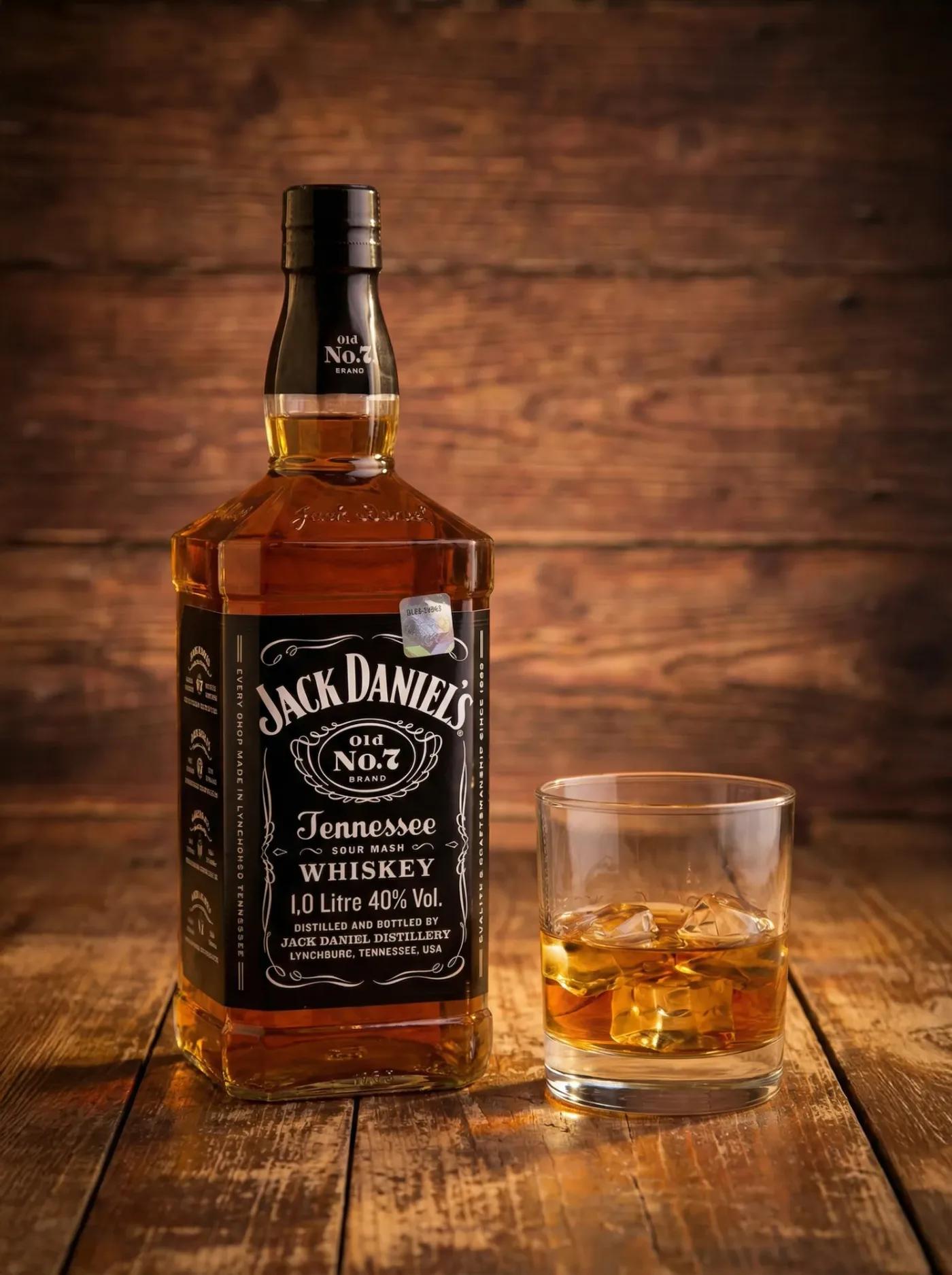 AI-generated advertising photo of a Jack Daniel's Tennessee Whiskey bottle beside a glass of whiskey on ice, on a wooden table
