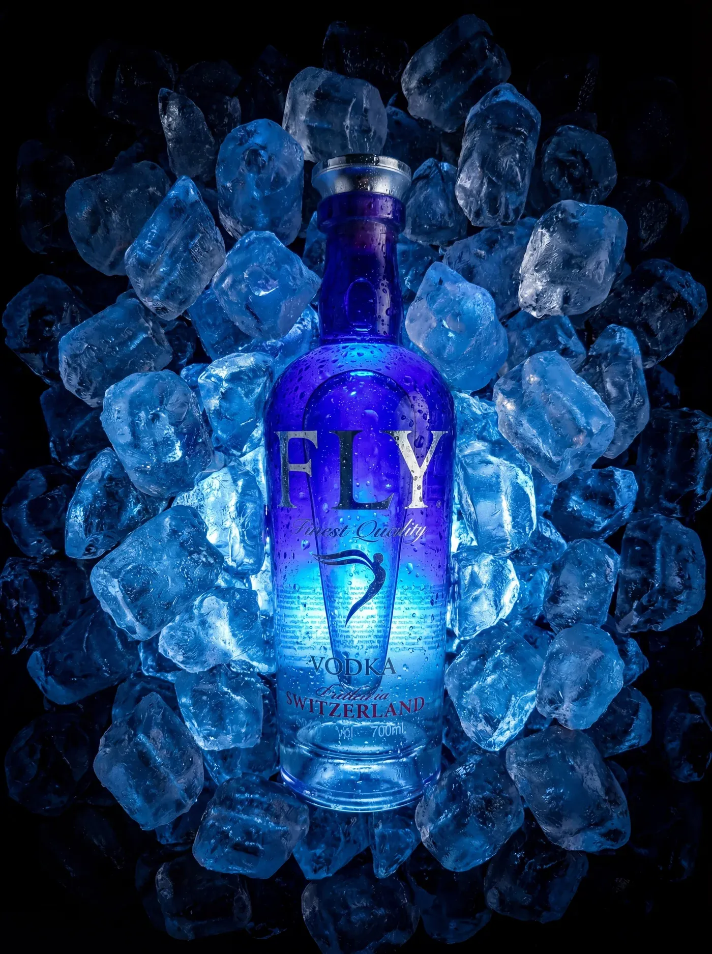 AI-generated advertising photo of a FLY vodka bottle glowing blue, surrounded by ice cubes in the dark