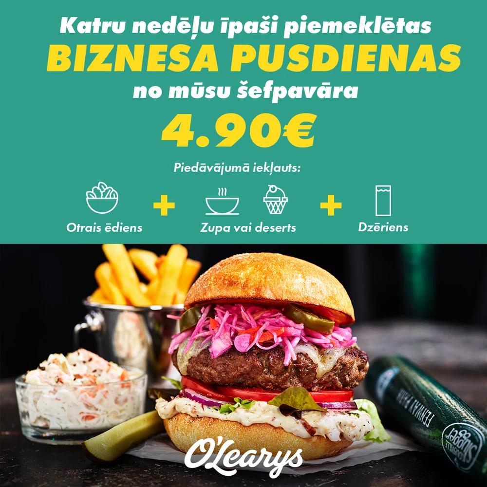 Instagram post promoting an O'Learys business lunch offer with burger photography