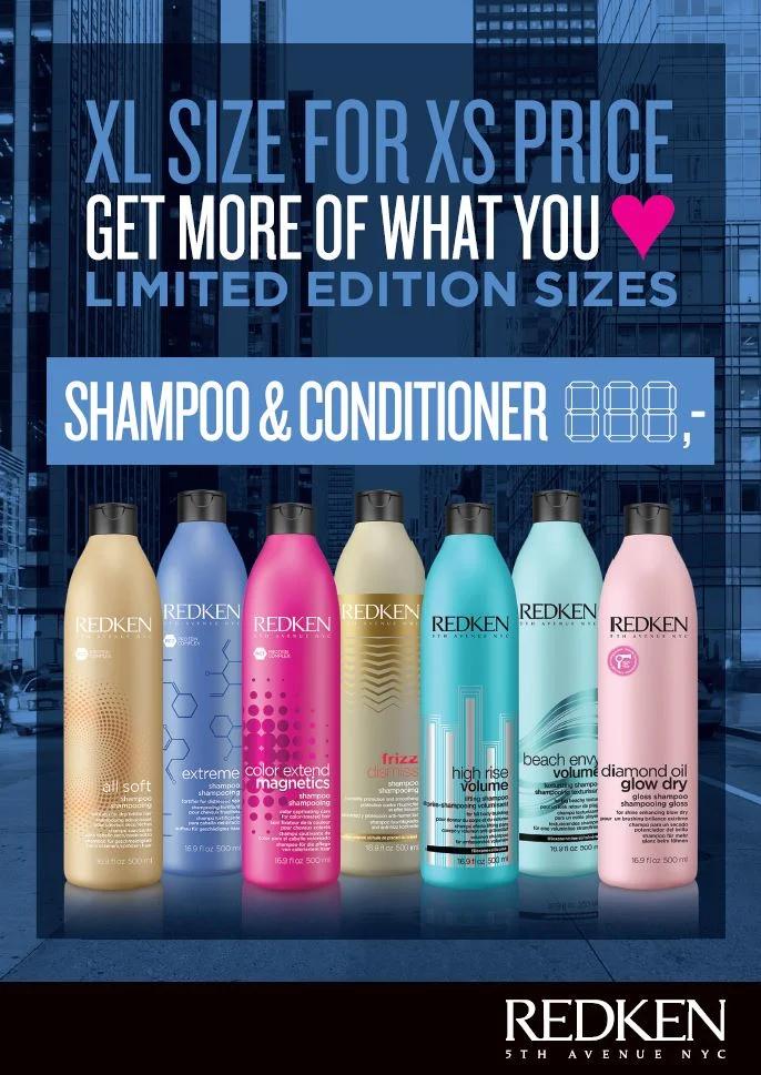 Redken 500ml shampoo and conditioner promotional insert, blue version