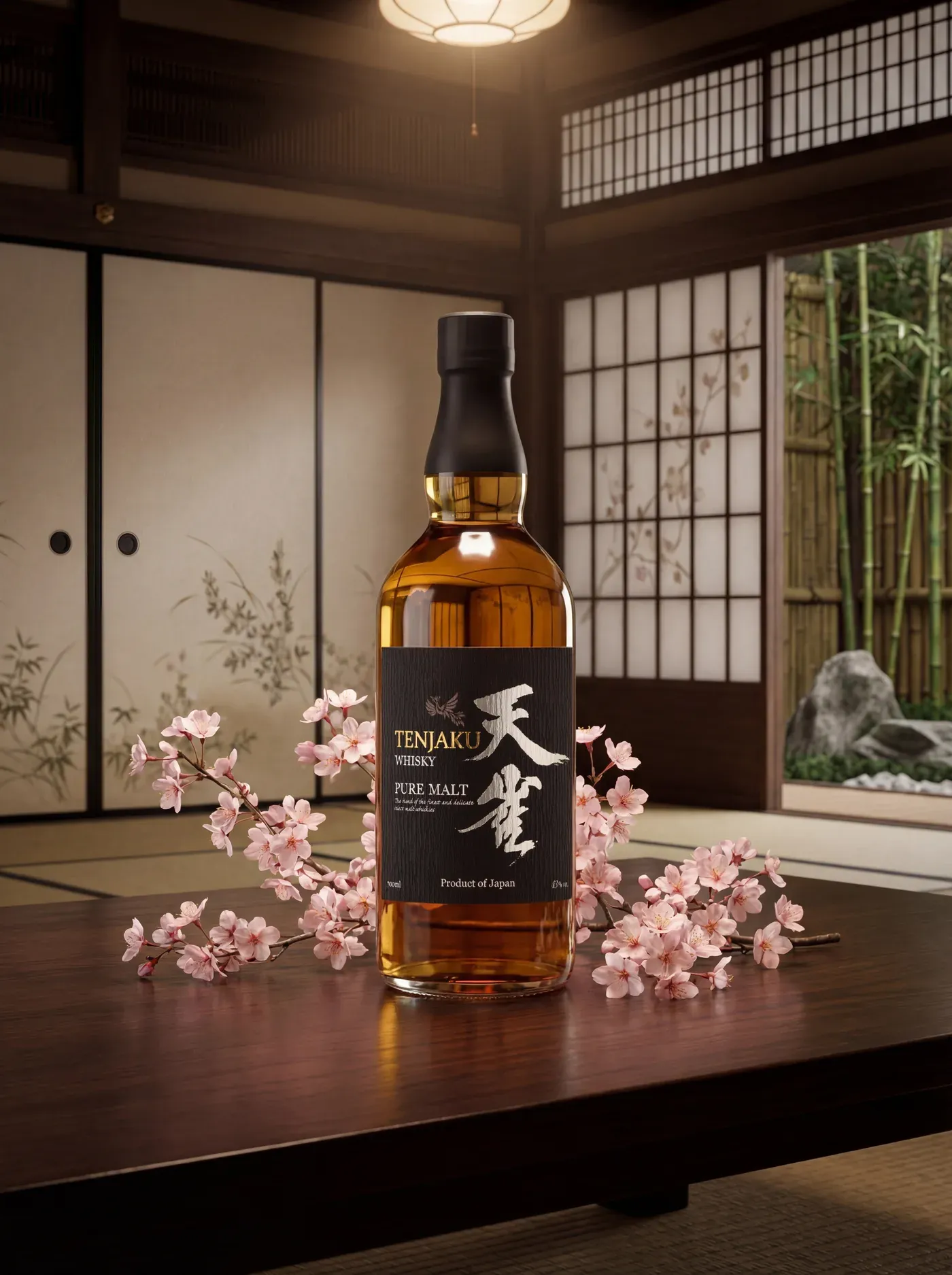 AI-generated lifestyle photo of the Tenjaku whisky bottle with cherry blossoms in a traditional Japanese room