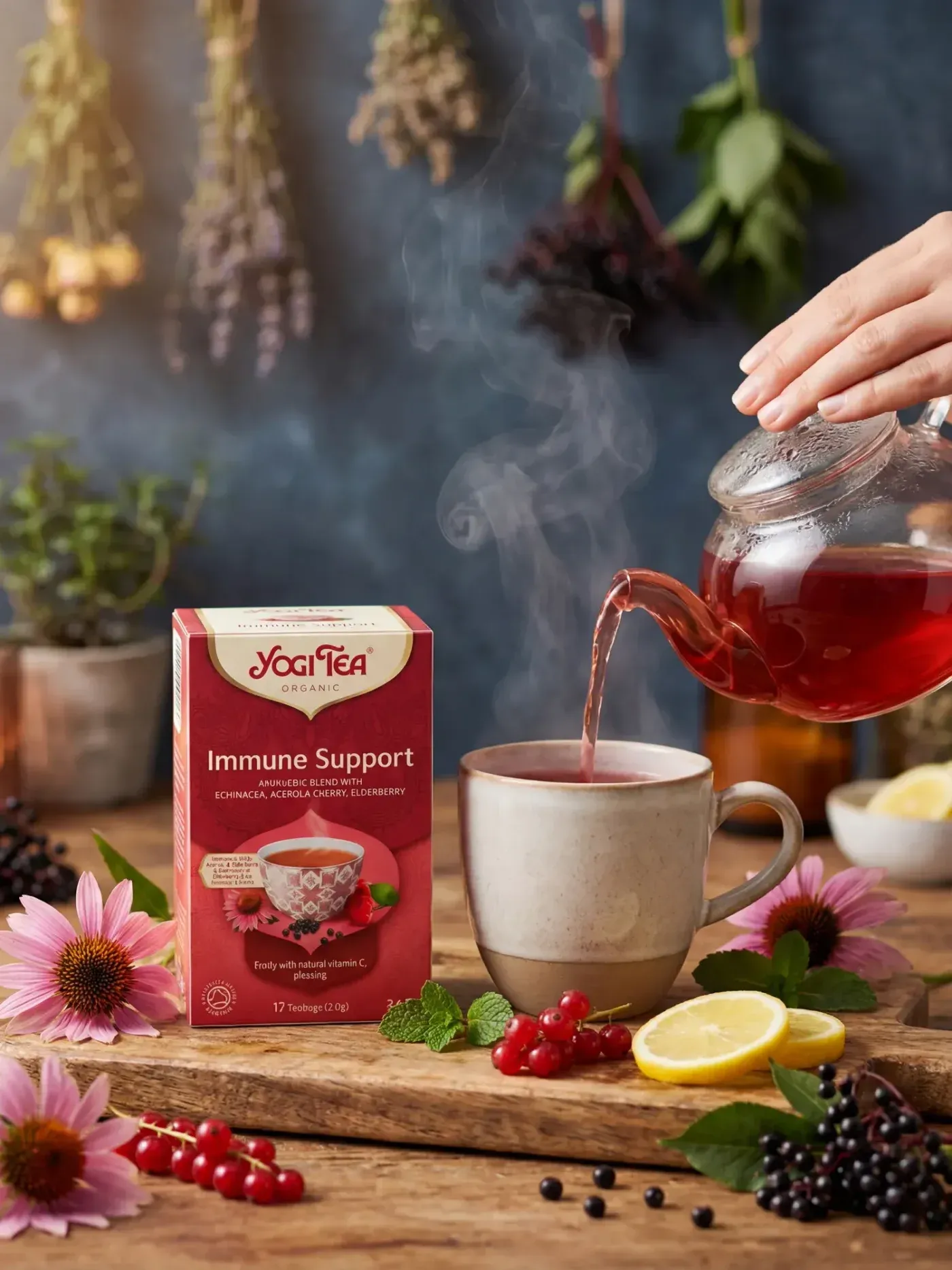 AI-generated lifestyle photo of Yogi Tea Immune Support poured from a glass teapot, surrounded by dried herbs, elderberries and lemon