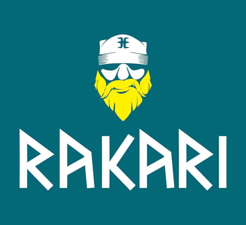 Rakari brand logo with an illustrated bearded mascot on a teal background
