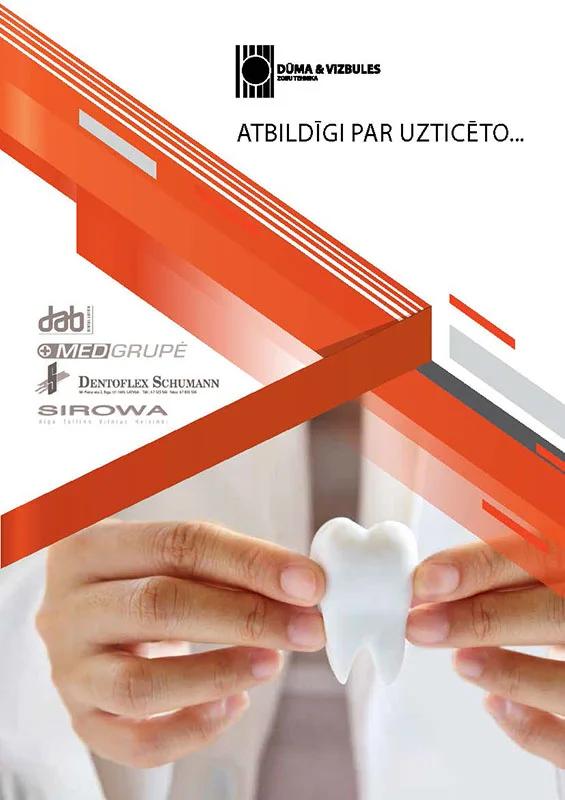 Dūma un Vizbules dental technology catalog cover with hands holding a tooth model