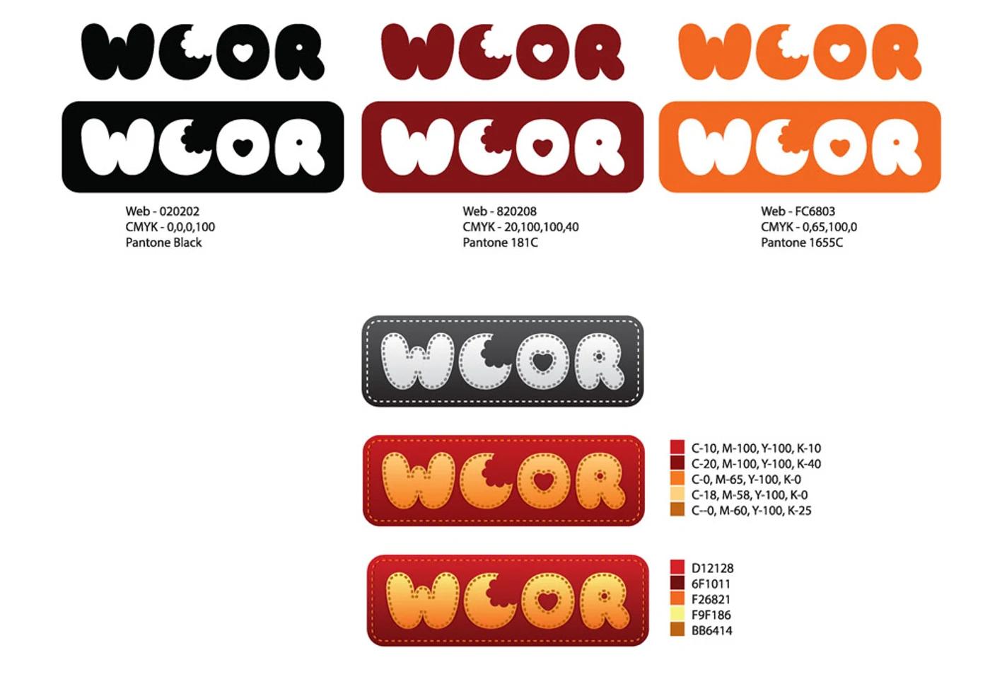 WCOR logo shown in multiple color and texture variations