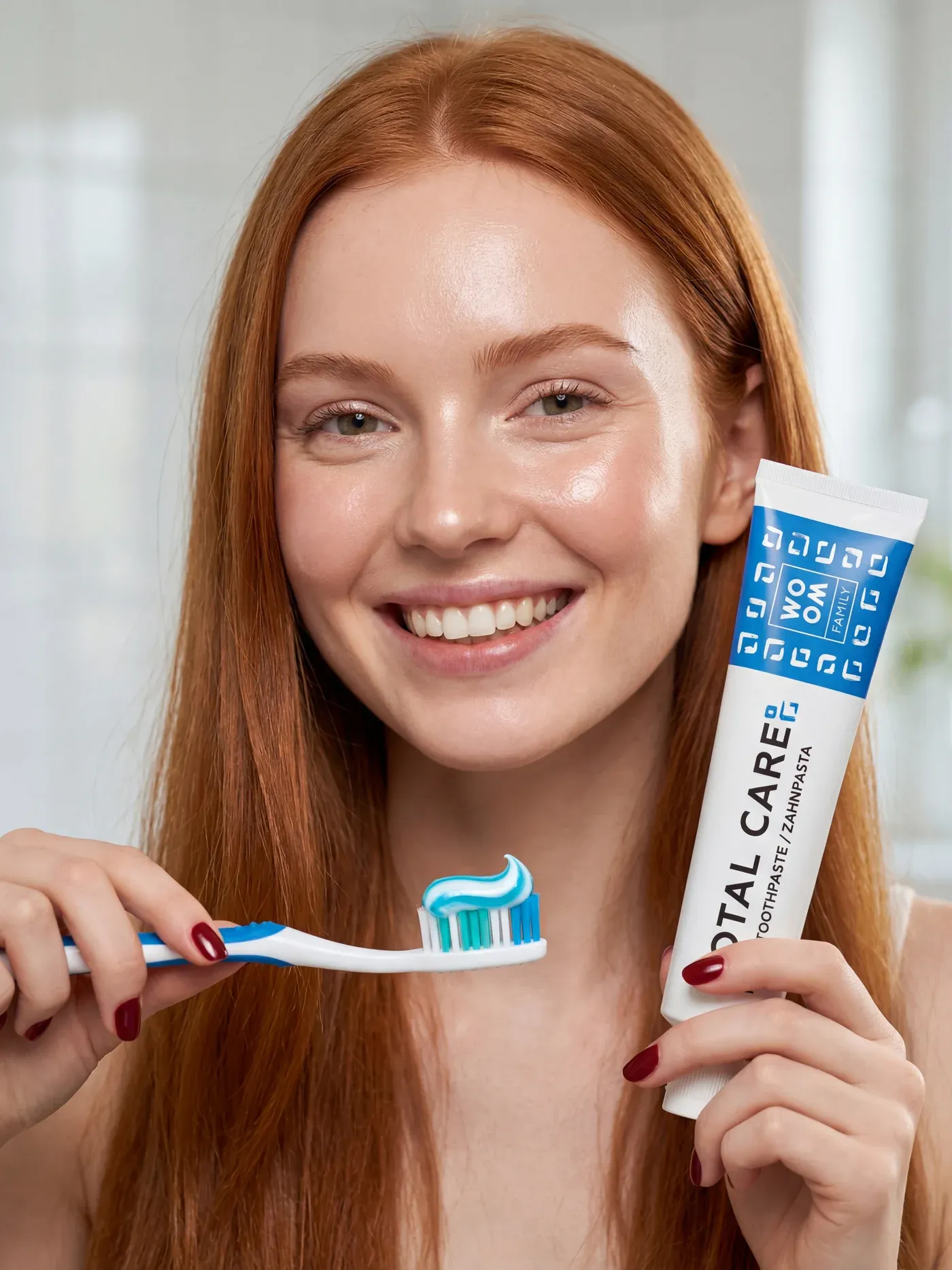 AI-generated advertising photo of a smiling woman holding a toothbrush and the Woom Total Care toothpaste tube