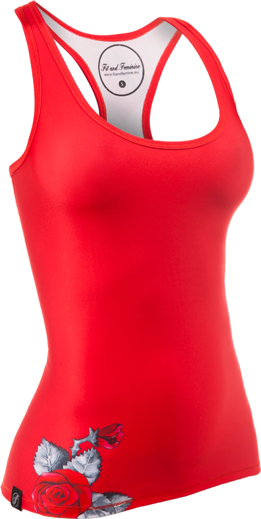 Fit and Feminine red racerback tank top with rose print product photo