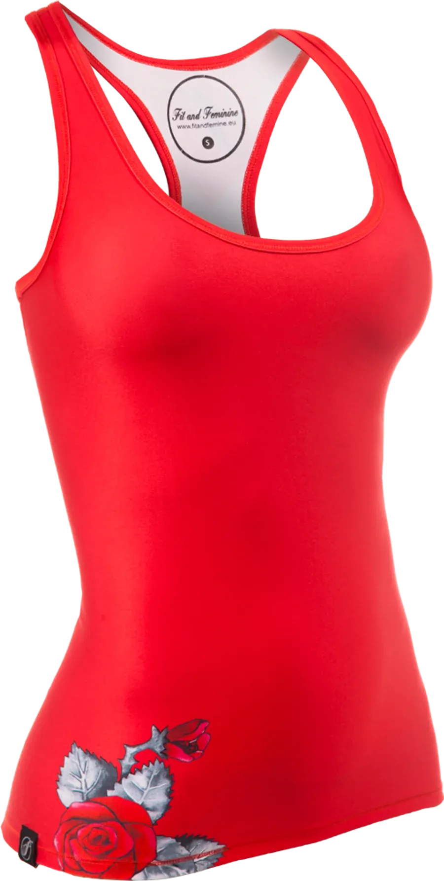 Fit and Feminine sarkans sporta tops ar rozes apdruku, produkta foto