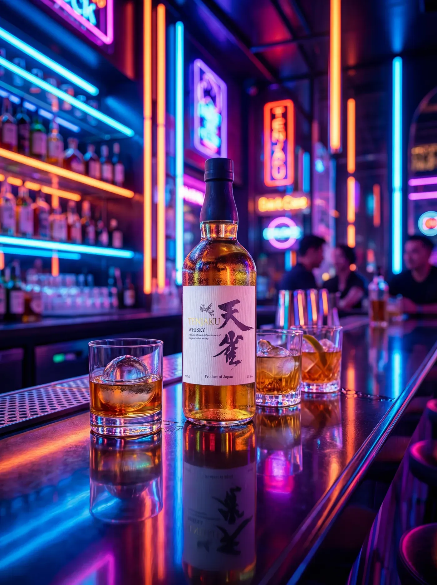 AI-generated photo of the Tenjaku whisky bottle on a bar counter surrounded by neon lights and cocktail glasses