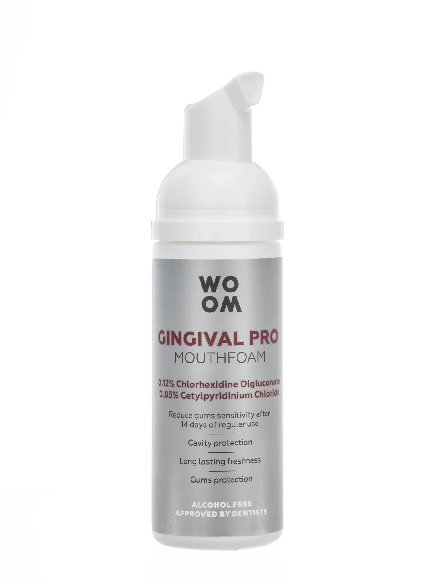 Original plain product photo of a Woom Gingival Pro mouthfoam bottle on a white background