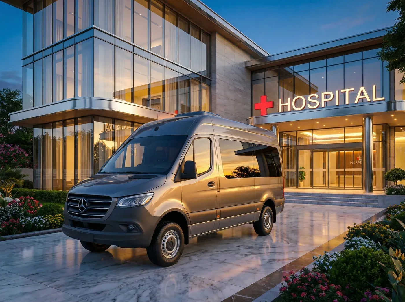AI-generated photo of the same Mercedes Sprinter van parked in front of a modern hospital entrance at dusk