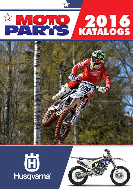 Moto Parts 2016 catalog cover for Husqvarna with a motocross rider jumping through a forest