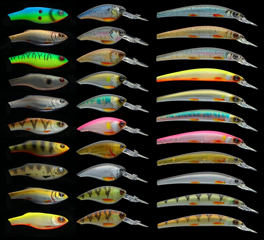 Studio photography of colorful fishing lures on a black background