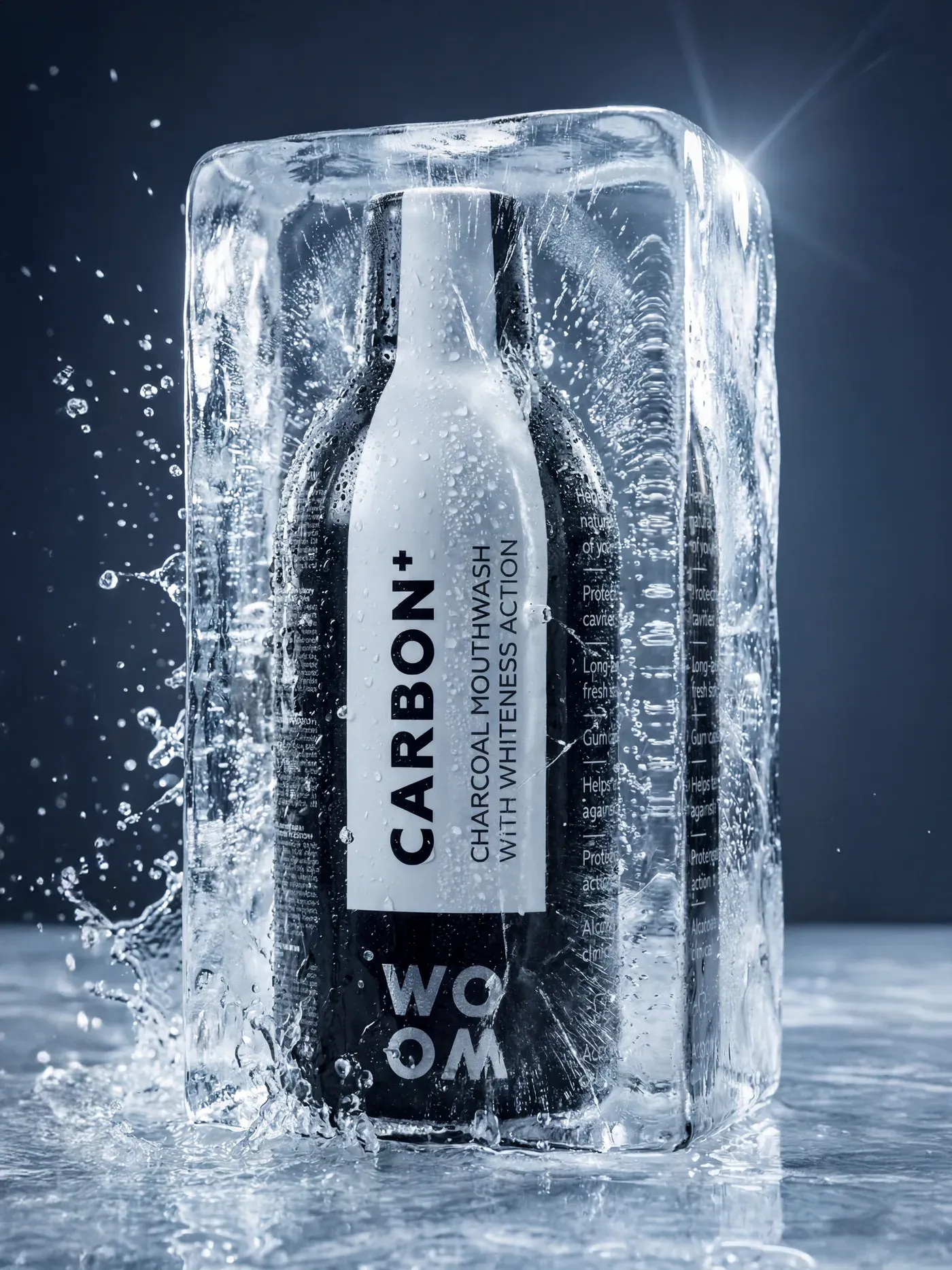 AI-generated photo of the Woom Carbon+ bottle frozen inside a block of ice with splashing water