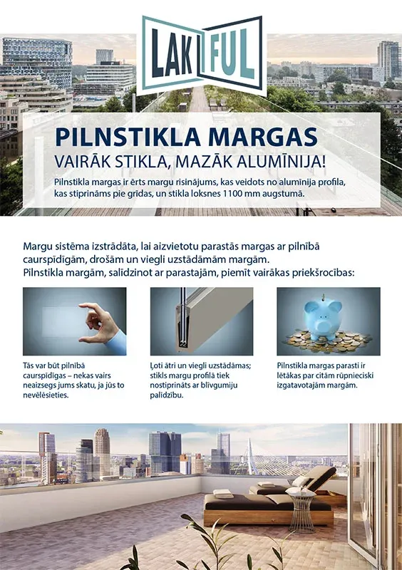 Lakful full-glass balcony railing catalog cover overlooking a city skyline