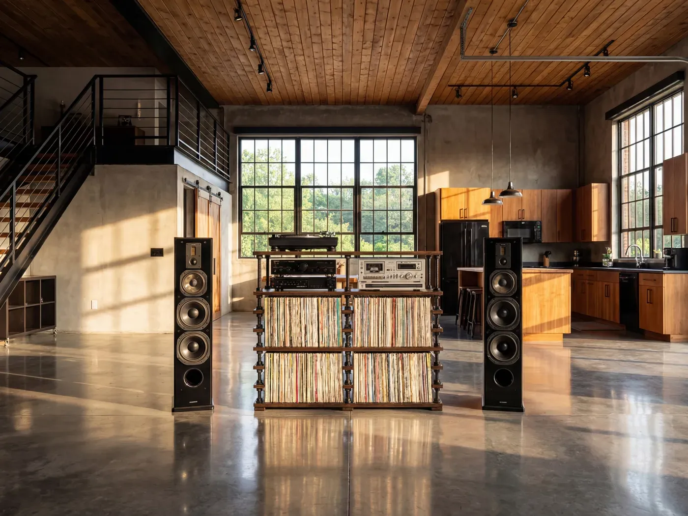 AI-generated photo of the same hi-fi system and record collection staged in a modern loft living room